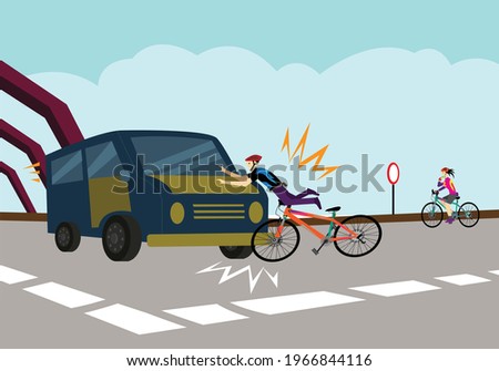 A biker collided with a van on a highway. Editable Clip Art.