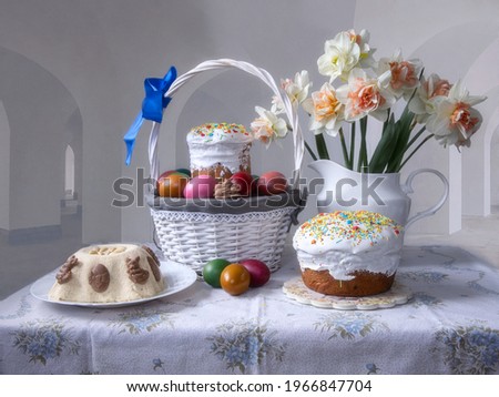 Easter still life with traditional treats and flowers