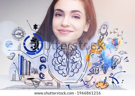 Young attractive business woman smiling, colourful drawing with different icons of thinking process, double exposure. Concept of business education and student