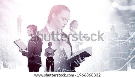Office woman reading notes and business people with papers and clipboard. Double exposure with stock market forex lines chart and skyscrapers. Concept of financial analysis
