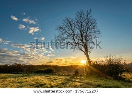 Morning landscape with a sunrise over a field and hills in Spring, Harrow, Greater London
