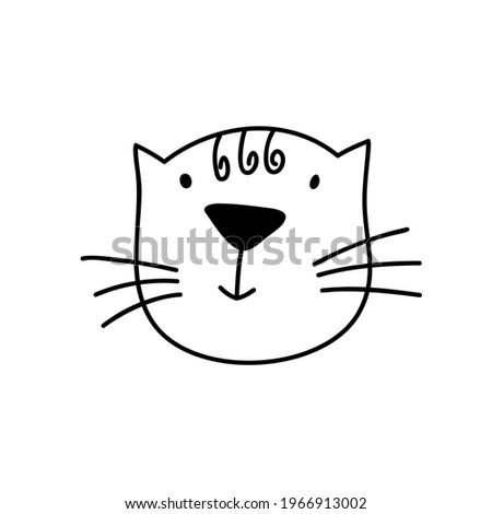 black line face of Scandinavian cat. Hand drawn illustration of a flat. Design element of t-shirt, home textiles, wrapping paper, children textiles.