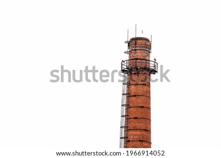 Old brick smokestack isolated on white background. Old factory chimney. Red brick victorian manufacture chimney Royalty-Free Stock Photo #1966914052