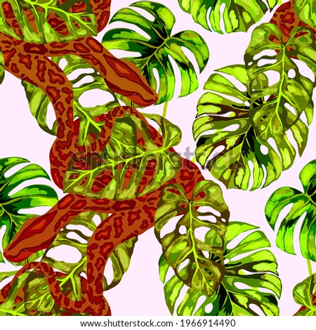 Beautiful seamless pattern with python and tropical leaves. Beautiful allover print with hand drawn exotic plants and snake. Swimwear botanical design. Vector	
