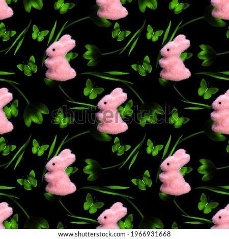 seamless pattern of tulips with rabbits isolated on black. High quality photo