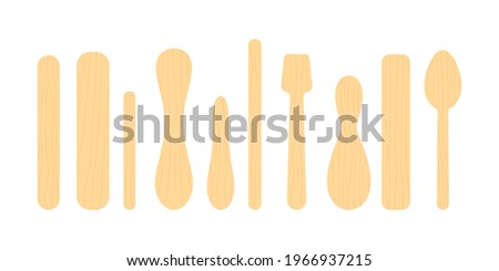 Popsicle stick for ice cream or medical tongue depressor set. Stick for medical throat examination, holding ice cream and lollipop with wooden texture. Flat cartoon vector spoon clip art illustration.