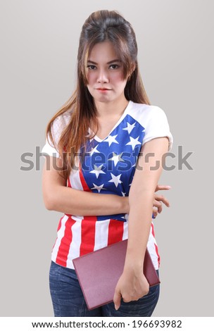Image of beautiful asian woman in fashion american flag 