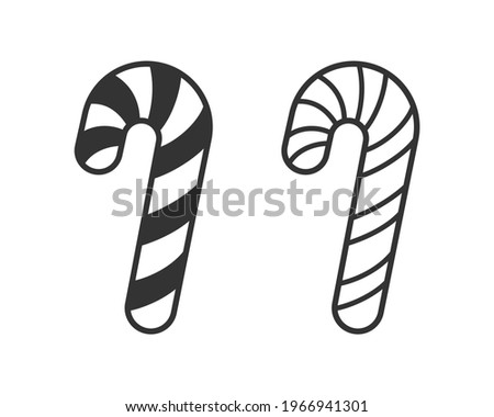 Candy cane cartoon flat silhouette and outline illustration. Sign symbol for Christmas sweets, candy store shop logo print. Simple easy coloring activity for children, nursery, kindergarten, kids.