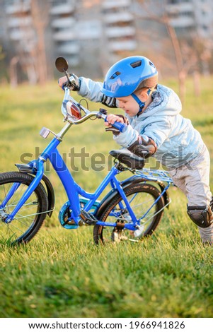 A small child in a helmet leads a bicycle on a sunny day at sunset