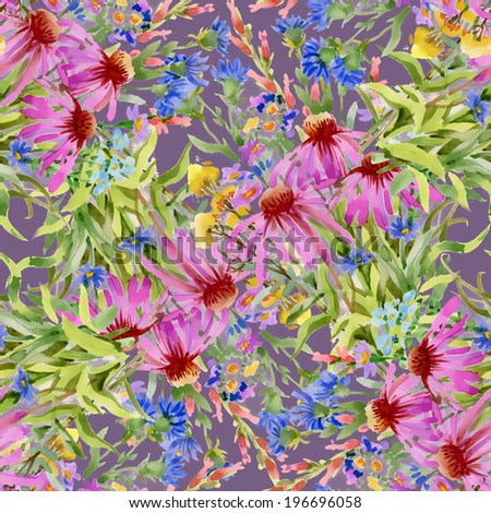  Watercolor seamless echinacea and cornflowers pattern on violet background