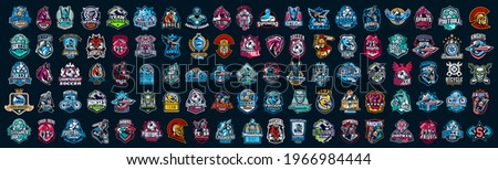 Huge set of colorful sports logos, emblems. Logos of knights, horses, superhero, soldier, skier, mountain bike, soccer ball, bear, eagle, cowboy,firefighter.Vector illustration isolated on background