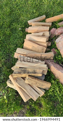 We are preparing firewood for kindling, lying on the green grass. Chopped firewood. The picture was taken during the day in sunny weather.