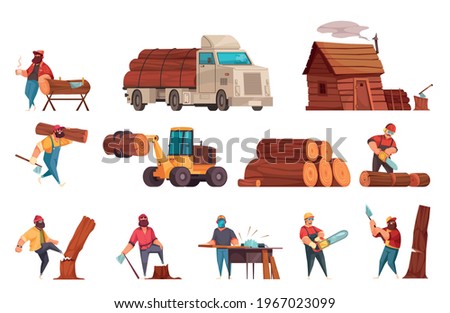Lumberjack work equipment machinery cartoon set with loggers sawing wood chopping down felling transporting trees vector illustration Royalty-Free Stock Photo #1967023099