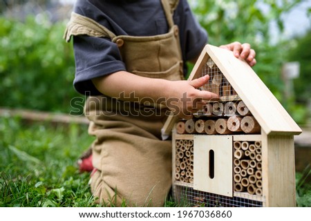 Obscured small child playing with bug and insect hotel in garden, sustainable lifestyle. Royalty-Free Stock Photo #1967036860
