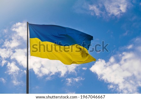 Ukraine national flag waving in the wind against the background of a blue sky.
