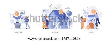 Various Finance Icons. People Buying Home with Mortgage,  Growing Money Tree, Making Savings. Investment and Finance Management Concept. Flat Cartoon Vector Illustration.