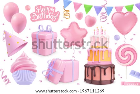 Happy birthday holiday decorations set. 3d vector realistic objects. Toy balloons, heart, star symbols, cupcake, cake, gift box Royalty-Free Stock Photo #1967111269