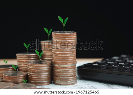Coins stacking of money on saving account book from bank and plant growing on top with calculator, investment, business, currency exchange, home, loan, saving money concept on black background.