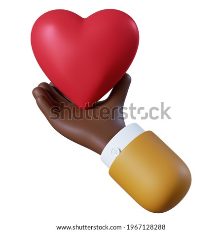 3d render. Love icon. African American cartoon character hand holds red heart symbol. Business or medical clip art isolated on white background. Valentine's Day or proposal.