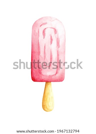 Watercolor pink ice cream illustration isolated on white background. Strawberry ice-cream clip art. Sweet dessert food design element. 