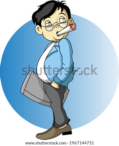 expression of a worker holding a suitcase and smoking a cigarette