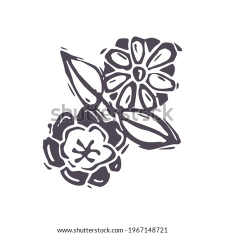 Hand carved bold block print flower icon clip art. Folk illustration design element. Modern boho decorative linocut. Ethnic muted natural tones. Isolated rustic vector motif. 