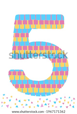 Number 5 shaped pinata. For greeting cards, invitation, banner, flier. Design elements isolated on white background. Mexican party game for birthday, anniversary, jubilee