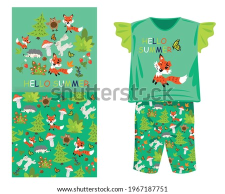 Pattern for children's clothing. Pattern forest, animals. Vector illustration. Hello summer lettering.