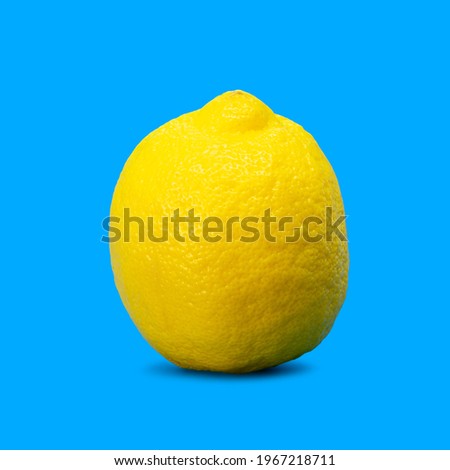 Minimal summer food concept. Yellow lemon citrus fruit isolated and casting shadow on blue vivid background with copy space