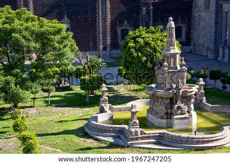 Metropolitan Cathedral of Mexico City, view of the fountain and statue to fray Bartolomé de las Casas in the courtyard of the canons, historical monument