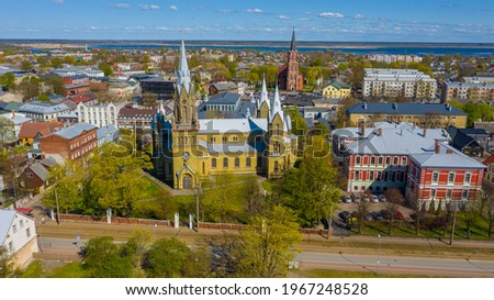 Liepaja, Latvia,Baltics. Beautiful panoramic aerial view photo from flying drone to Liepaja city St. Joseph's Cathedral  which is located by the Baltic Sea. (Series)  Royalty-Free Stock Photo #1967248528