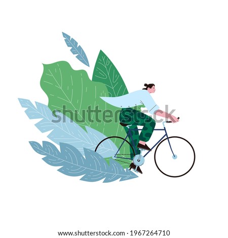 Flat illustration of a woman wearing a shirt riding road bicycle with bullhorn handlebar on the foliage background