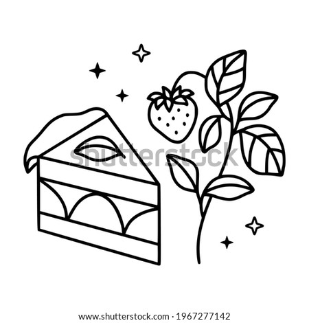 hand drawn cake, pastry and bakery elements with strawberry and floral illustrations for food logo, brand, sticker, children coloring page, book, or product decoration