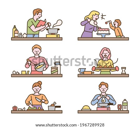 People are cooking different dishes at each table. flat design style minimal vector illustration.