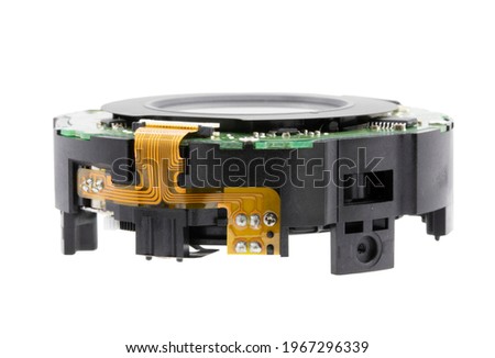 Circuit on ring  of camera lens isolated on white background 