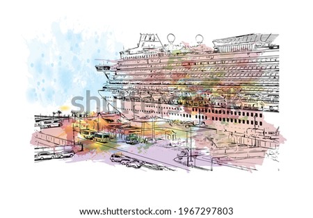 Building view with landmark of Ensenada is the 
city in Mexico. Watercolor splash with hand drawn sketch illustration in vector.