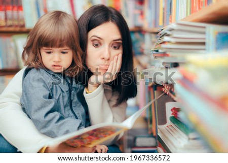 Stressed Mom Checking an Awkward Book for Kids in a Library. Exhausted mother tired of answering her curious toddler questions in bookstore
