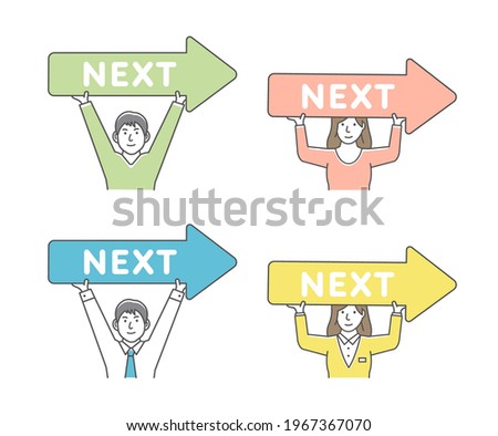 Young person holding arrow sign ( link to next page ) vector illustration set