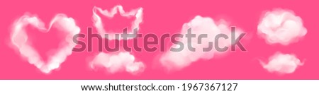 Realistic clouds in shape of heart and crown. Fluffy spindrift or cumulus eddies flying isolated on pink background, weather and nature, meteorology and climate design elements, 3d vector icons set Royalty-Free Stock Photo #1967367127