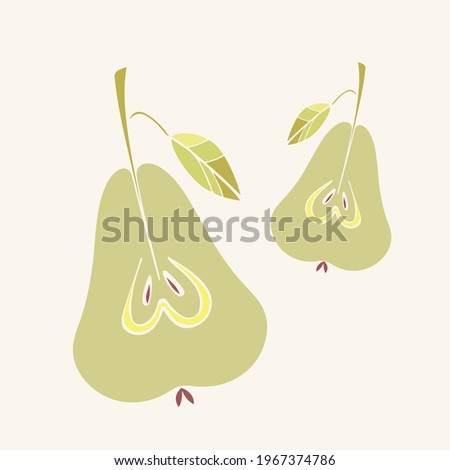 Pear abstract fruit art print vector. Half green pear with leaf, modern poster. Contemporary minimalistic wall art. Organic food design.