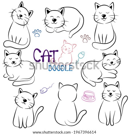 Cute cat doodle. Collection in different poses in free hand  drawn illustration style.