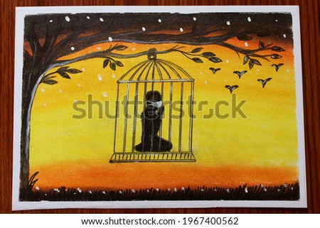 lock down drawing, covid19 corona virus awareness poster drawing , Man in cage and birds freedom ,stay home stay safe Abstract art background, selective focus with blur.
