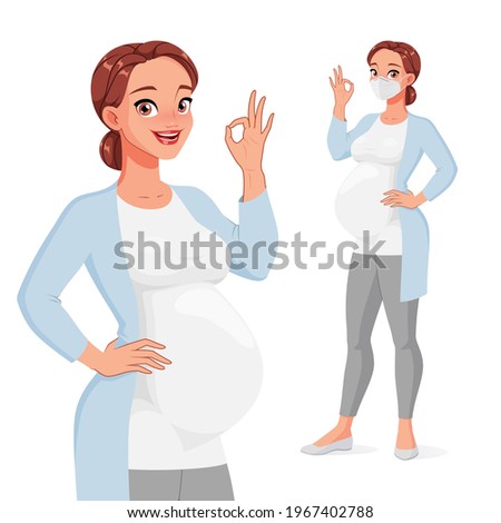 Healthy pregnant woman in showing OK. Full size under clipping mask. Cartoon vector character isolated on white background.