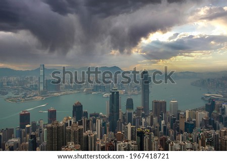Beautiful sunrise over the Victoria bay from the peak view point in Hong Kong, China