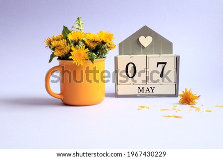 Calendar for May 7: cubes with the numbers 0 and 7, the name of the month of May in English, a bouquet of dandelions in a yellow cup on a light background
