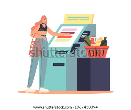 Woman using self service cashier terminal in supermarket to pay for products online. Contactless payment and checkout in retail store concept. Cartoon flat vector illustration
