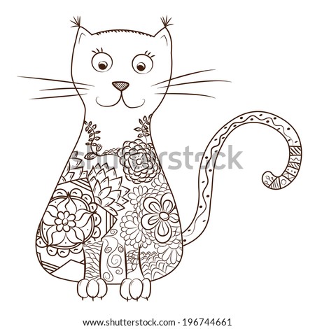 Vector sketch Illustration of cute decorative floral cat. Hand-drawn illustration.  Doodle design. Lacy animal.