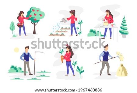 Set of people working in the garden. Mental health. Daily activity or hobbie. Flat style vector illustration