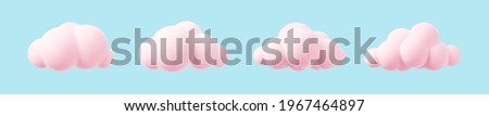 Pink 3d clouds set isolated on a blue background. Render magic sunset clouds icon in the blue sky. 3d geometric shapes vector illustration
