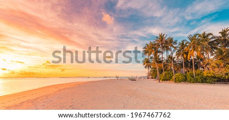 Island palm tree sea sand beach. Panoramic beach landscape. Inspire tropical beach seascape horizon. Orange and golden sunset sky calmness tranquil relaxing summer mood. Vacation travel holiday banner Royalty-Free Stock Photo #1967467762